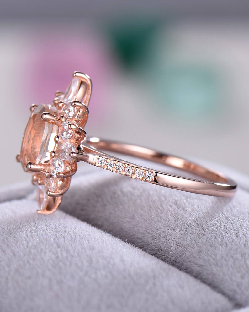 2 CT Oval Cut Morganite CZ Diamond Rose Gold Over On 925 Sterling Silver Halo Anniversary Ring