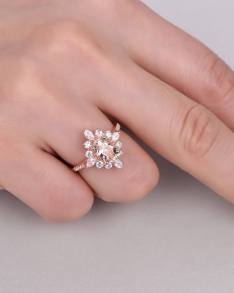 2 CT Oval Cut Morganite CZ Diamond Rose Gold Over On 925 Sterling Silver Halo Anniversary Ring