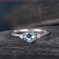 1.20 Ct Round Cut Aquamarine & Round CZ 925 Sterling Silver Three-Stone Engagement Ring