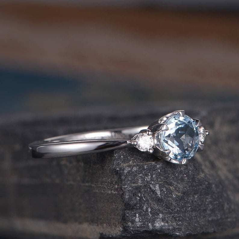 1.20 Ct Round Cut Aquamarine & Round CZ 925 Sterling Silver Three-Stone Engagement Ring