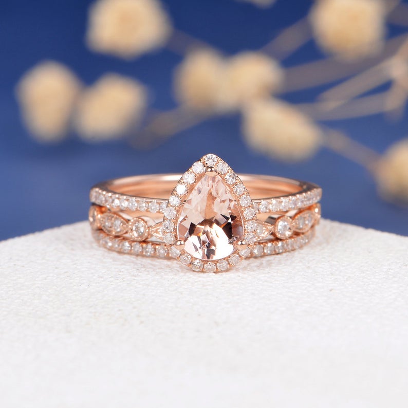 1 CT Pear Cut Morganite Diamond Rose Gold Over On 925 Sterling Silver Halo Trio Ring Set