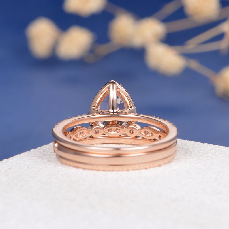 1 CT Pear Cut Morganite Diamond Rose Gold Over On 925 Sterling Silver Halo Trio Ring Set