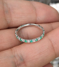 0.75 CT Round Cut Emerald & CZ Diamond 925 Sterling Silver Full Eternity Wedding Band Ring