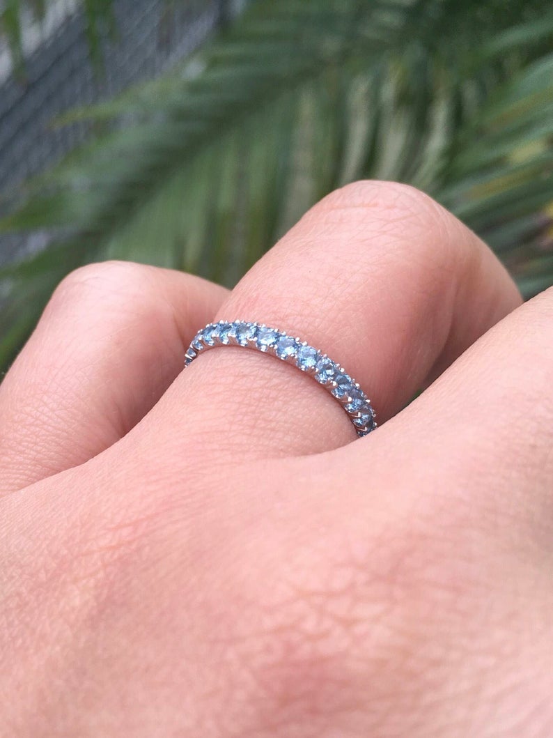 0.75 CT Round Cut Aquamarine Diamond 925 Sterling Silver Full Eternity Band Ring