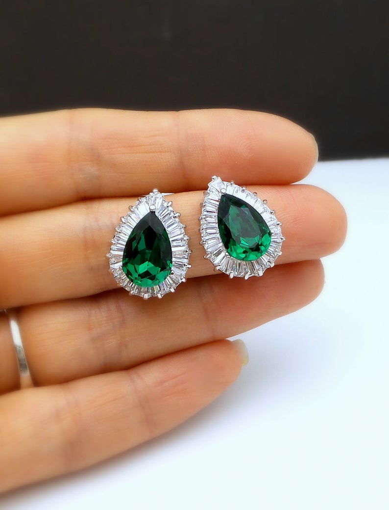 2.50 Ct Pear Cut Green Emerald Halo Anniversary Gift Earrings In 925 Sterling Silver