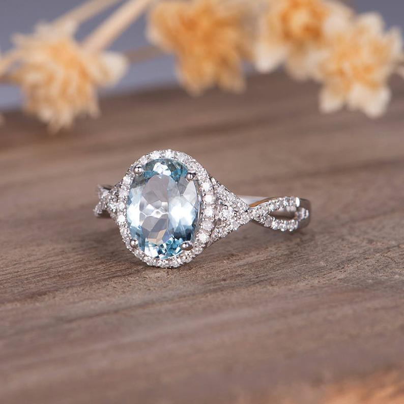 1 CT Oval Cut Aquamarine Diamond White Gold Over On 925 Sterling Silver Halo Infinity Band Ring