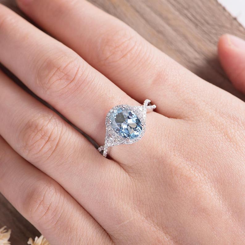 1 CT Oval Cut Aquamarine Diamond White Gold Over On 925 Sterling Silver Halo Infinity Band Ring