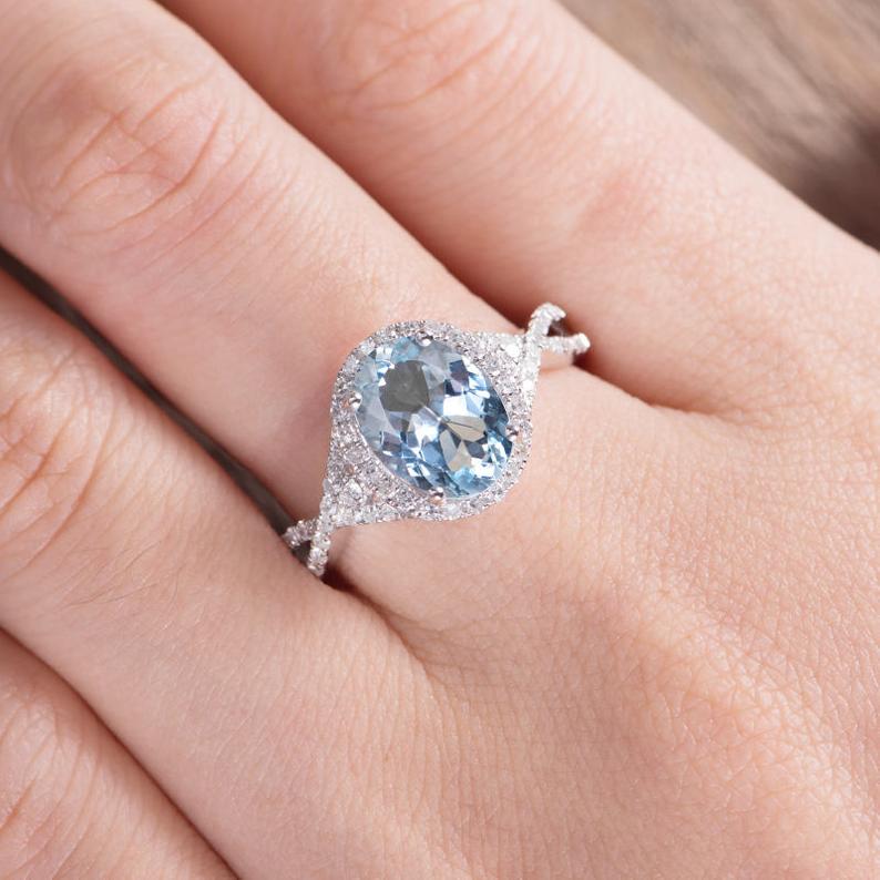 1 CT Oval Cut Aquamarine Diamond White Gold Over On 925 Sterling Silver Halo Infinity Band Ring