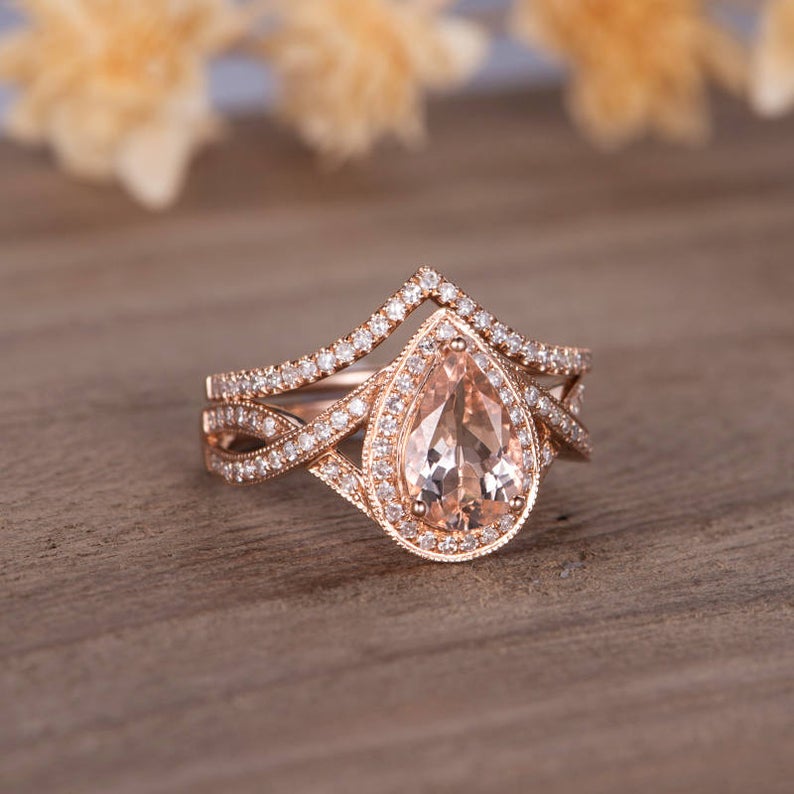 1 CT Pear Cut Morganite Diamond 925 Sterling Silver Anniversary Bridal Ring Set