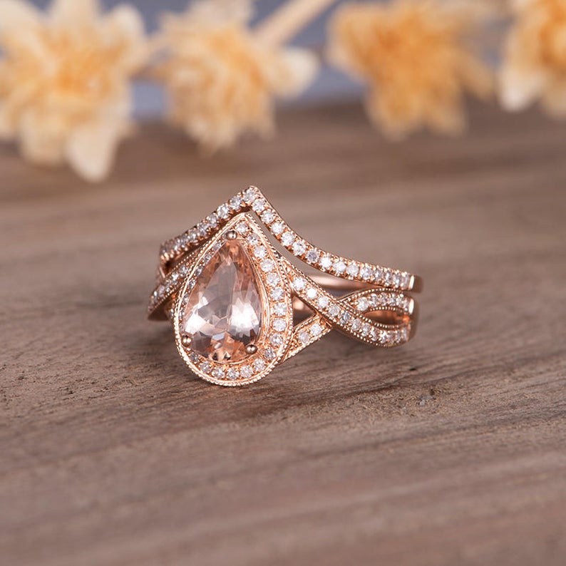 1 CT Pear Cut Morganite Diamond 925 Sterling Silver Anniversary Bridal Ring Set
