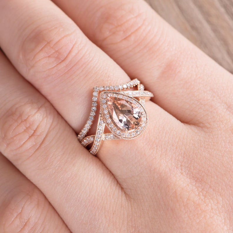1 CT Pear Cut Morganite Diamond 925 Sterling Silver Anniversary Bridal Ring Set