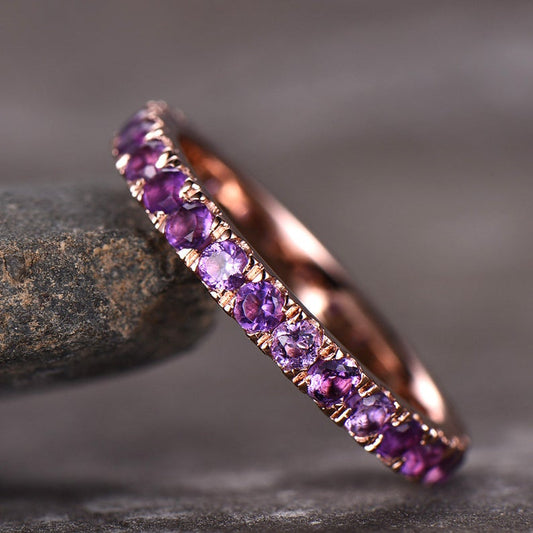1 CT Round Cut Amethyst Diamond Rose Gold Over On 925 Sterling Silver Full Eternity Wedding Band Ring