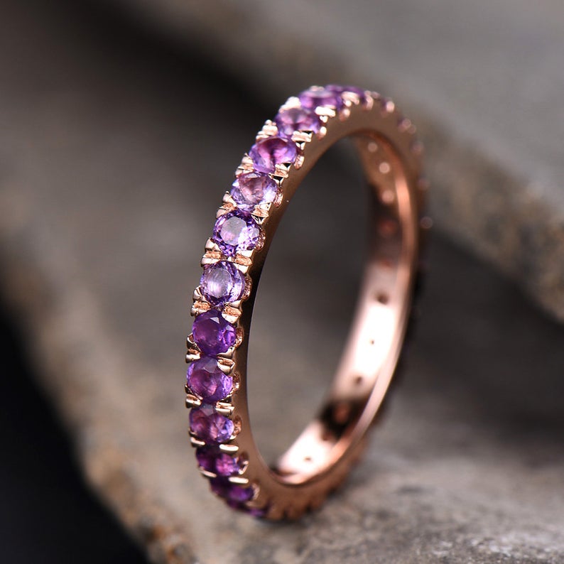 1 CT Round Cut Amethyst Diamond Rose Gold Over On 925 Sterling Silver Full Eternity Wedding Band Ring