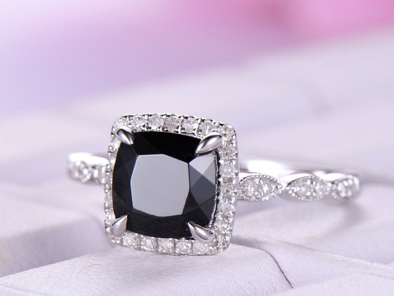 1.75 Ct Cushion Cut Black Diamond 925 Sterling Silver Unique Anniversary Gift Halo Ring - atjewels.in