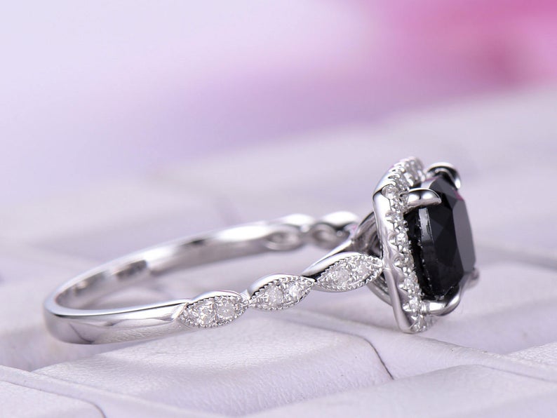 1.75 Ct Cushion Cut Black Diamond 925 Sterling Silver Unique Anniversary Gift Halo Ring - atjewels.in