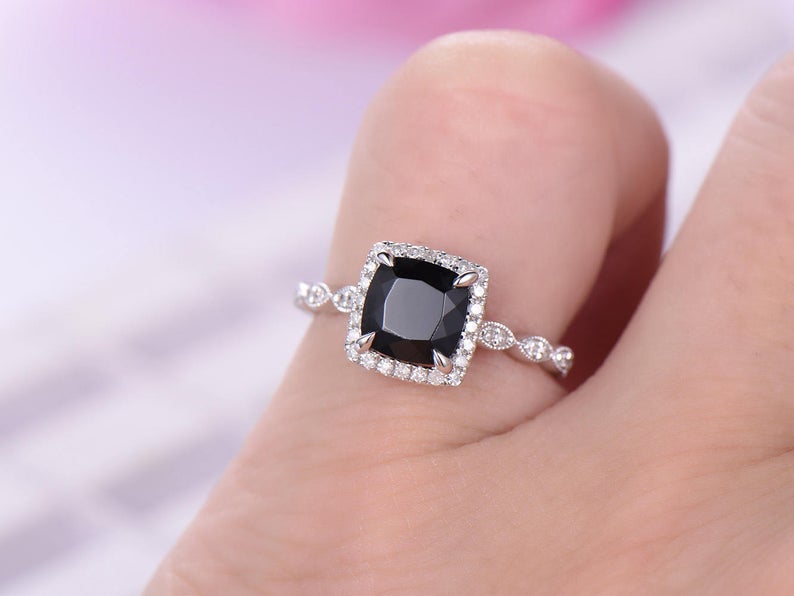 1.75 Ct Cushion Cut Black Diamond 925 Sterling Silver Unique Anniversary Gift Halo Ring - atjewels.in