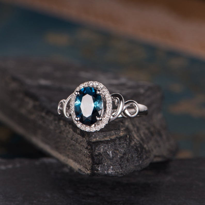 1.75 Ct Oval Cut London Blue Topaz 925 Sterling Silver Halo Promise Gift Unique Ring