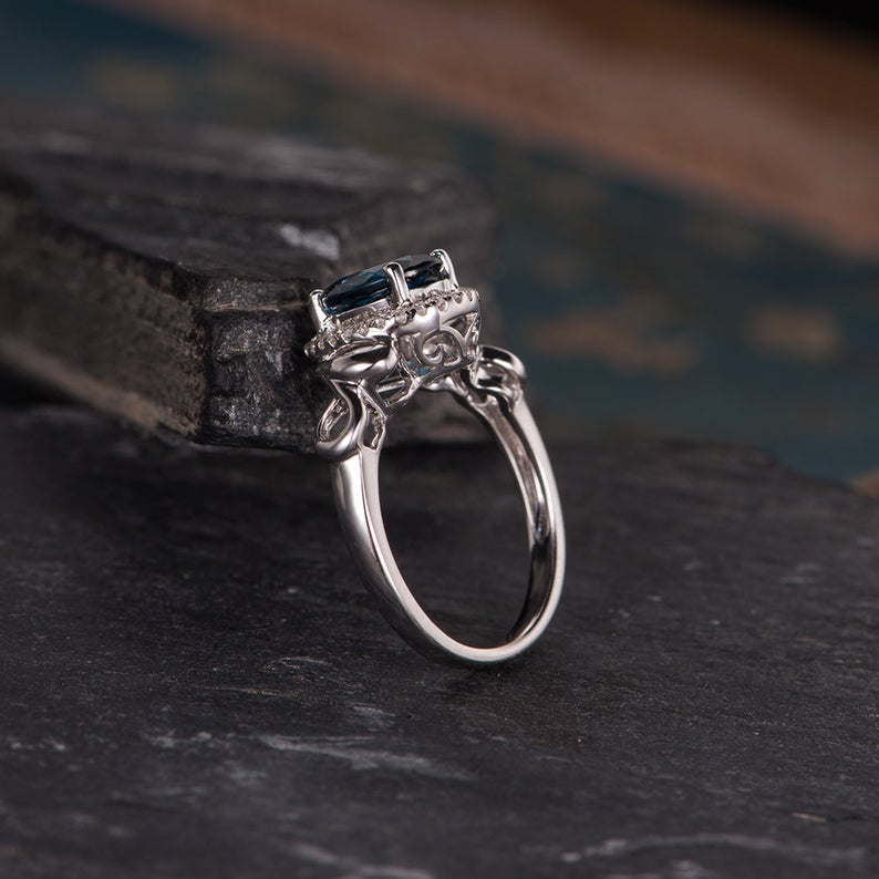 1.75 Ct Oval Cut London Blue Topaz 925 Sterling Silver Halo Promise Gift Unique Ring
