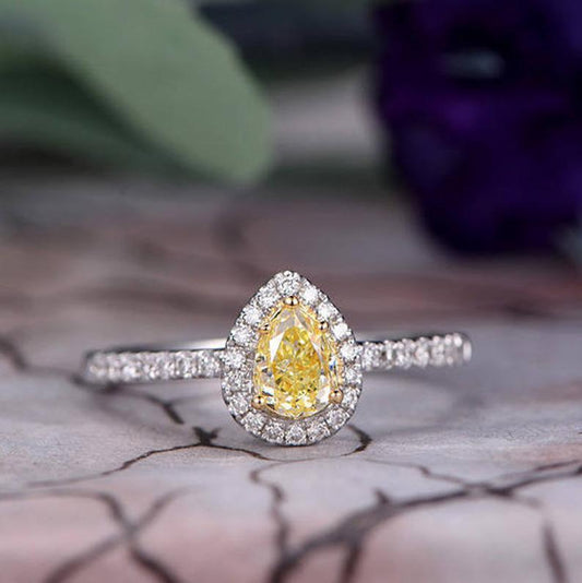1.75 Ct Pear Cut Yellow Citrine Halo Anniversary Gift Ring In 925 Sterling Silver