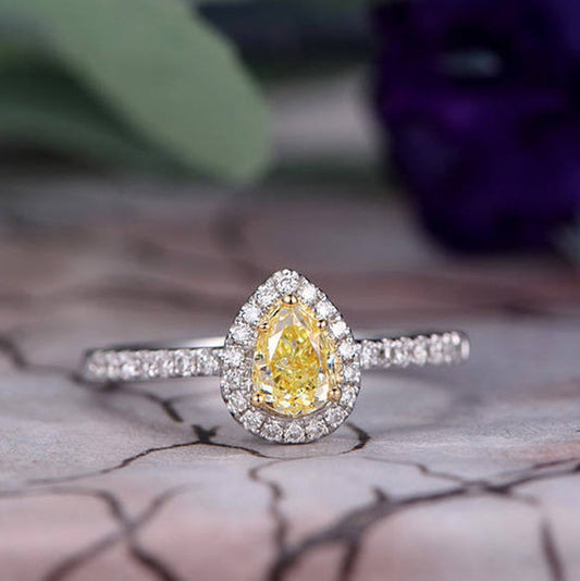 1.25 CT Pear Cut Yellow Citrine 925 Sterling Silver Halo Anniversary Gift Ring For Her