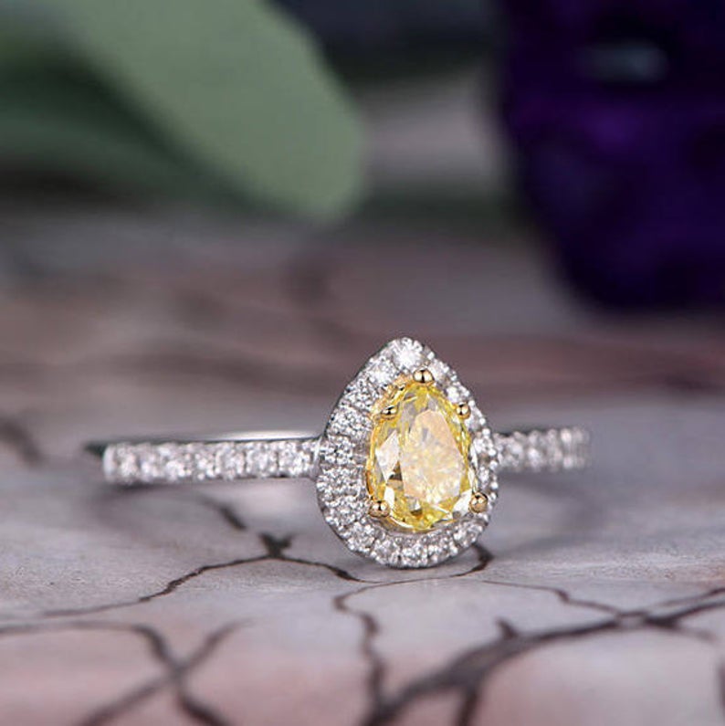1.25 CT Pear Cut Yellow Citrine 925 Sterling Silver Halo Anniversary Gift Ring For Her