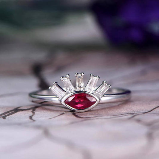 1.25 Ct Marquise Cut Red Ruby & Baguette Cut CZ Pretty Eye Style Ring In 925 Sterling Silver