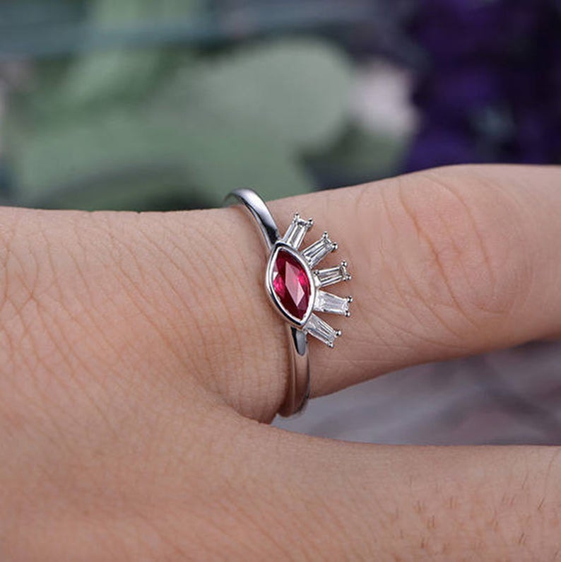1.25 Ct Marquise Cut Red Ruby & Baguette Cut CZ Pretty Eye Style Ring In 925 Sterling Silver