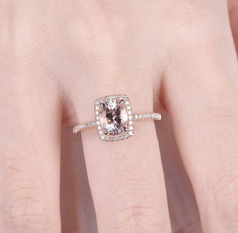 1 CT Oval Cut Morganite Diamond 925 Sterling Silver Halo Engagement Ring