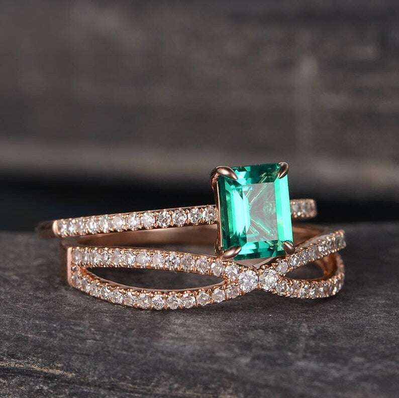 1 CT Emerald Cut Green Emerald Rose Gold Over On 925 Sterling Silver Wedding Bridal Ring Set