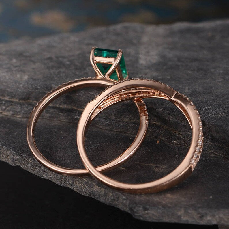 1 CT Emerald Cut Green Emerald Rose Gold Over On 925 Sterling Silver Wedding Bridal Ring Set