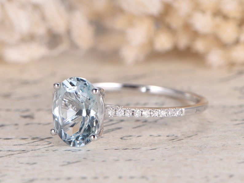 1.25 Ct Oval Cut Aquamarine Solitaire W/Accents Engagement Ring In 925 Sterling Silver