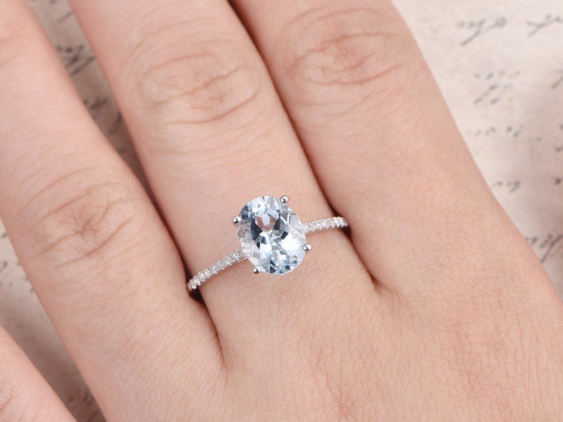 1.25 Ct Oval Cut Aquamarine Solitaire W/Accents Engagement Ring In 925 Sterling Silver