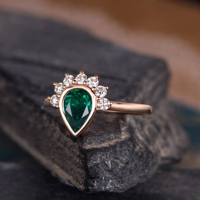 1.75 Ct Pear Cut Green Emerald Bezel Set May Birthstone Promise Ring in 925 Sterling Silver