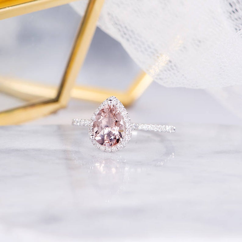 1 CT Pear Cut Morganite Diamond 925 Sterling Silver Halo Anniversary Ring Gift For Her