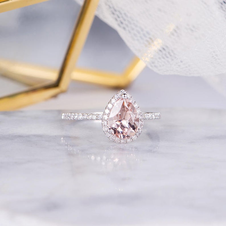 1 CT Pear Cut Morganite Diamond 925 Sterling Silver Halo Anniversary Ring Gift For Her