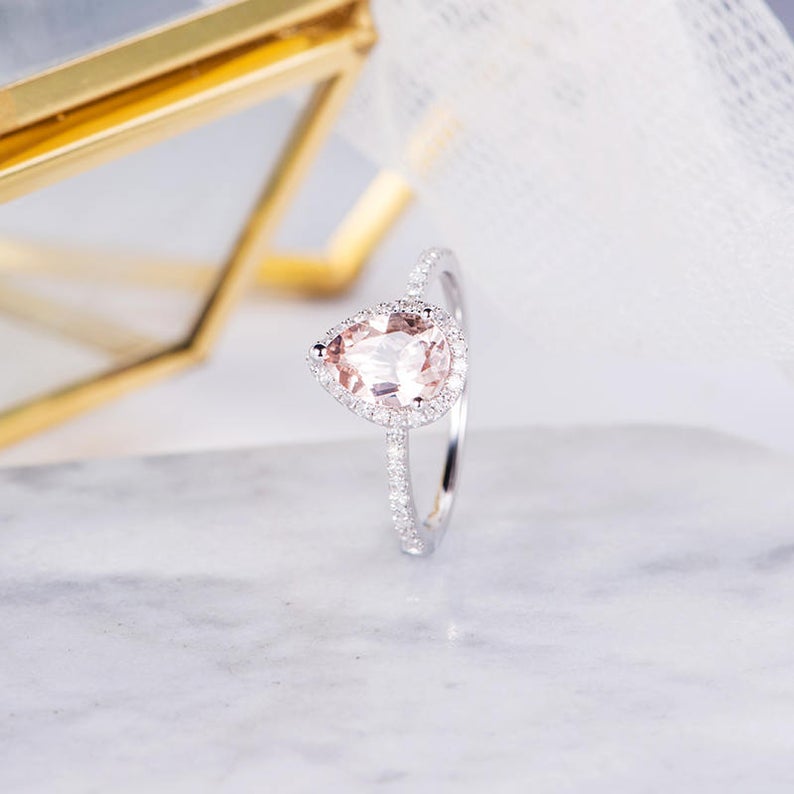 1 CT Pear Cut Morganite Diamond 925 Sterling Silver Halo Anniversary Ring Gift For Her