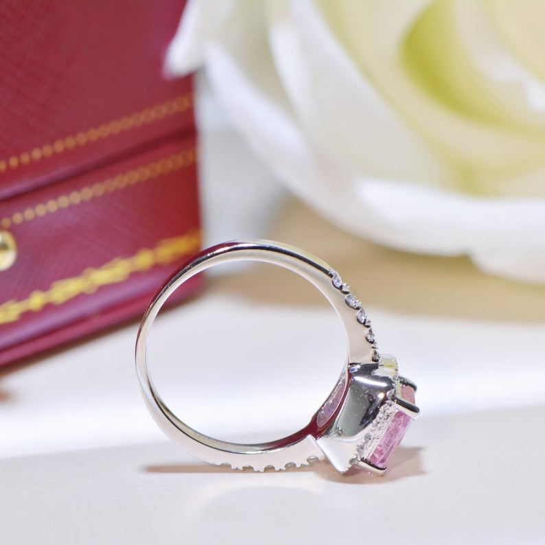 1 CT Cushion Cut PInk Sapphire Diamond White Gold Over On 925 Sterling Silver Halo Engagement Ring
