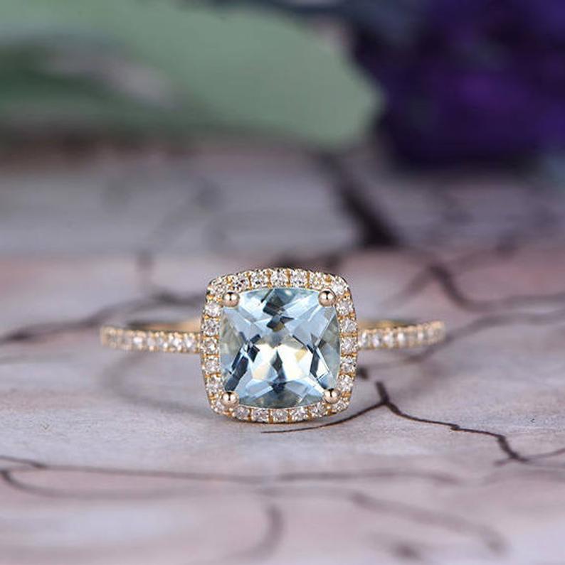 1.50 Ct Cushion Cut Aquamarine Yellow Gold Over On 925 Sterling Silver Halo Engagement Ring