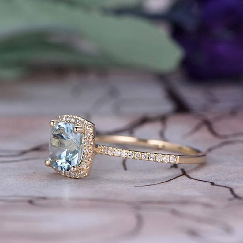 1.50 Ct Cushion Cut Aquamarine Yellow Gold Over On 925 Sterling Silver Halo Engagement Ring