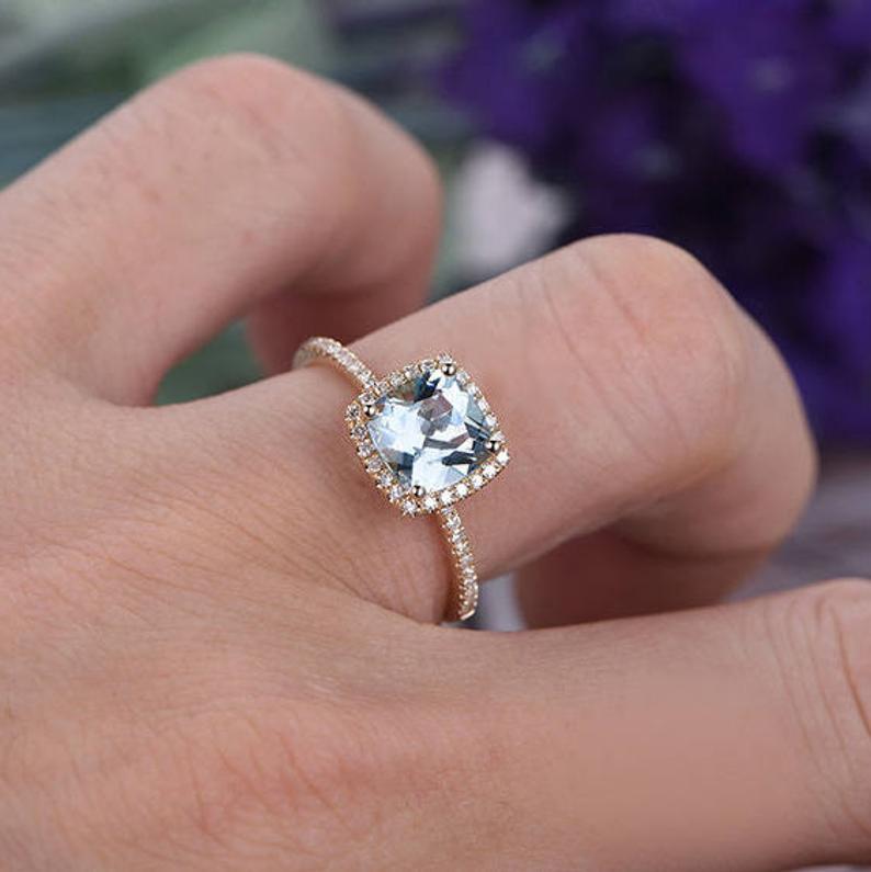 1.50 Ct Cushion Cut Aquamarine Yellow Gold Over On 925 Sterling Silver Halo Engagement Ring