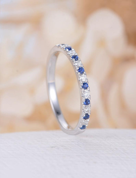 0.75 Ct Round Cut Blue Sapphire & White Cz 925 Sterling Silver Half Eternity Wedding Band Ring