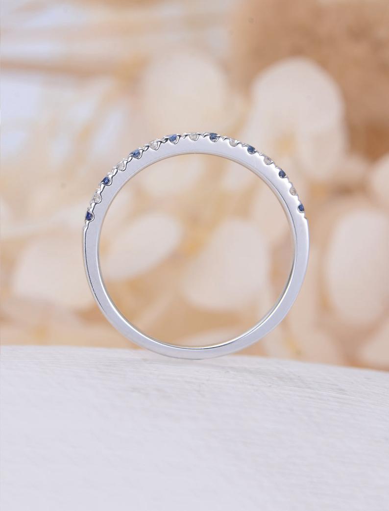 0.75 Ct Round Cut Blue Sapphire & White Cz 925 Sterling Silver Half Eternity Wedding Band Ring