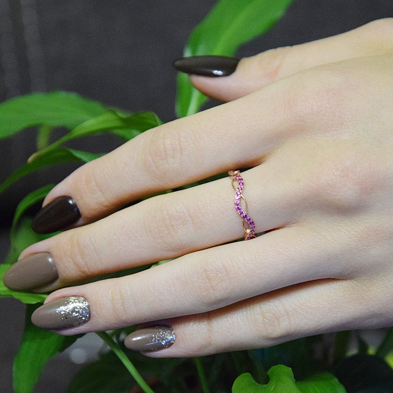 0.25 CT Round Cut Pink Ruby Diamond Rose Gold Over On 925 Sterling Silver Infinity Ring