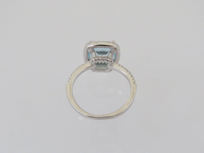 925 Sterling Silver 3 CT Aquamarine & White Topaz Diamond Halo Engagement Ring