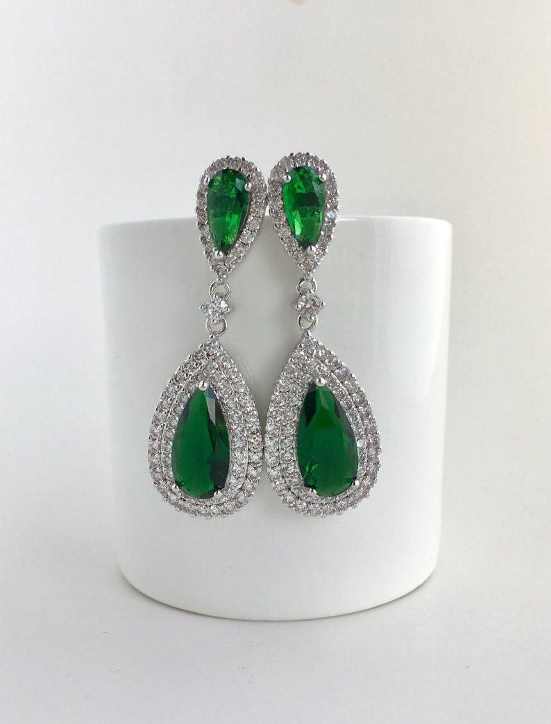 Emerald Green Tear Drop CZ Crystal Wedding Earrings