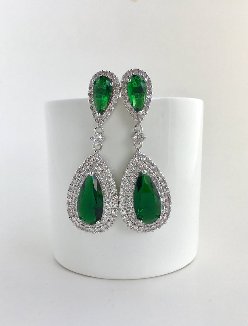 4 Ct Pear Cut Green Emerald Halo Diamond Tear Drop Wedding Earrings In 925 Sterling Silver