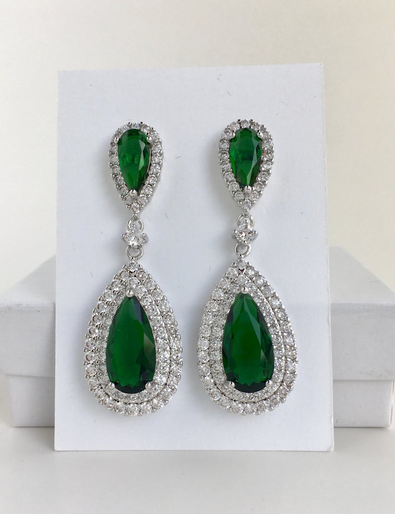 4 Ct Pear Cut Green Emerald Halo Diamond Tear Drop Wedding Earrings In 925 Sterling Silver