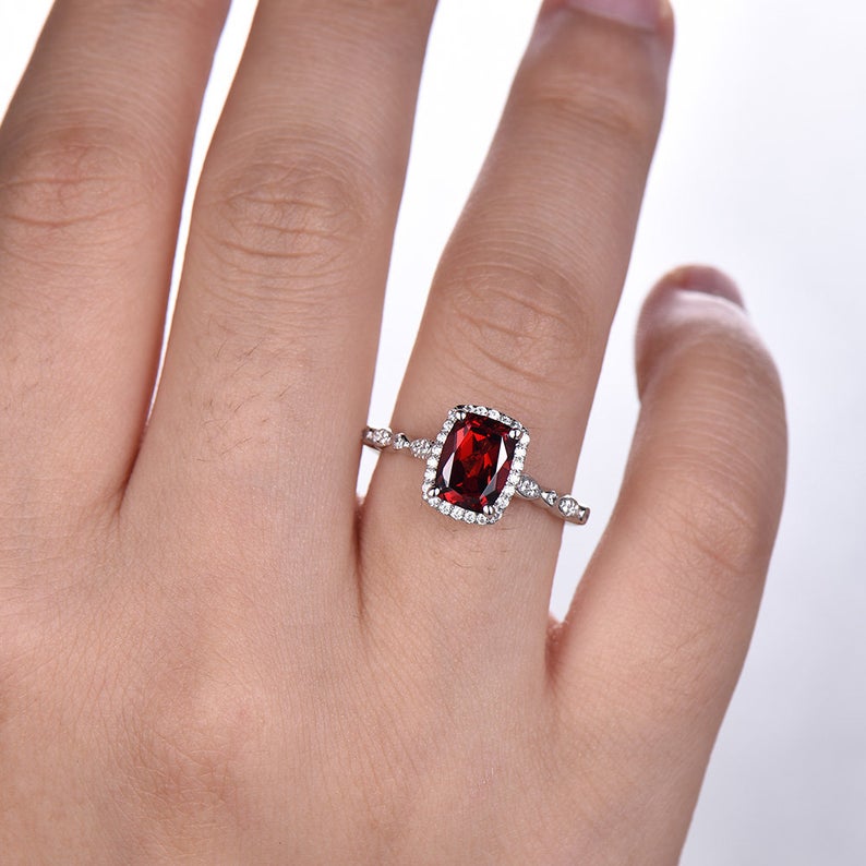 2.25 Ct Emerald Cut Red Garnet 925 Sterling Silver Engagement Wedding Band Ring