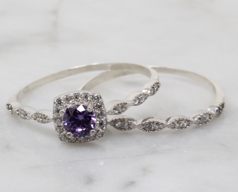 1 CT Round Cut Amethyst CZ Diamond 925 Sterling Silver Halo Wedding Bridal Ring Set
