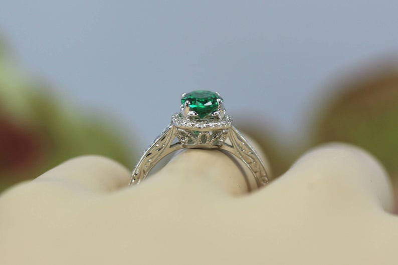 2.0 CT Oval Cut Emerald Diamond 925 Sterling Silver Halo Anniversary Ring